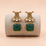 92.5 Silver Gold-Plated Carved Green Stone Drop Dangler Ivanah Silver