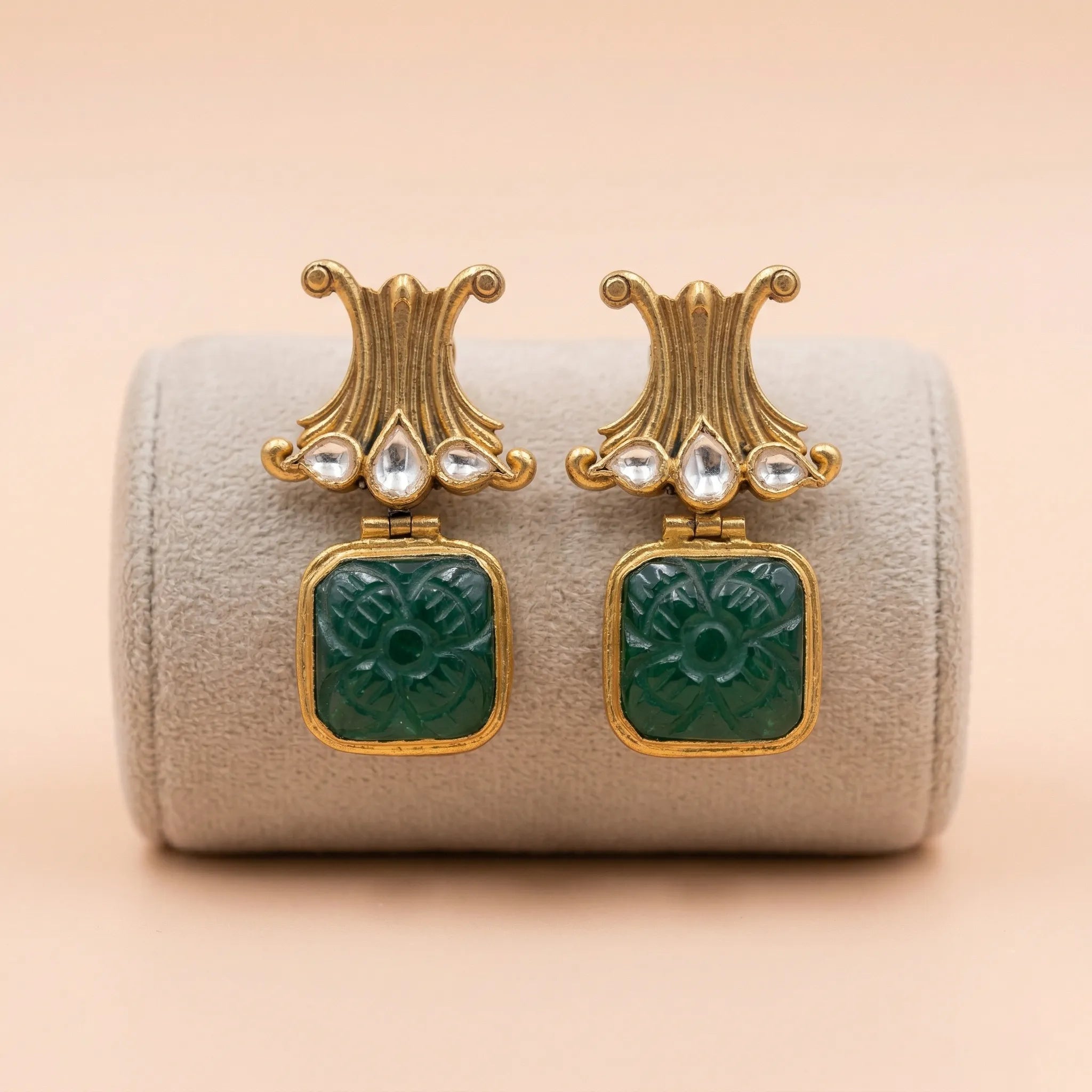 92.5 Silver Gold-Plated Carved Green Stone Drop Dangler Ivanah Silver