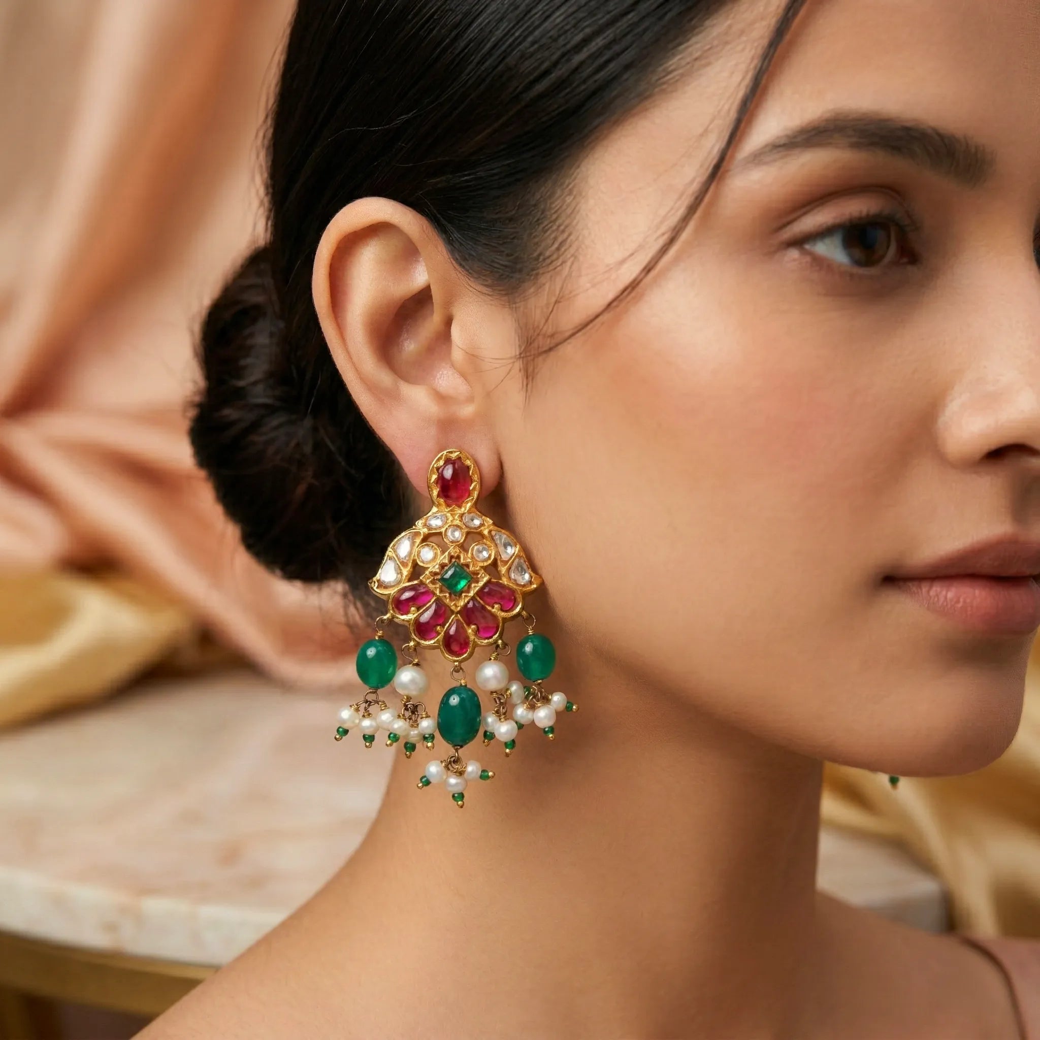 92.5 Silver Ruby & Emerald Pearl Drop Stud Ivanah Silver
