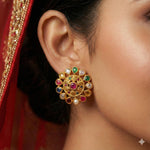 92.5 Silver Gold Plated Traditional Navaratna-Style Floral Gold Studs Ivanah Silver