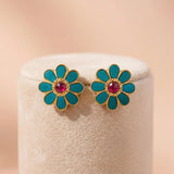 Gold-Plated 92.5 Silver Vibrant Teal Floral Stud Ivanah Silver