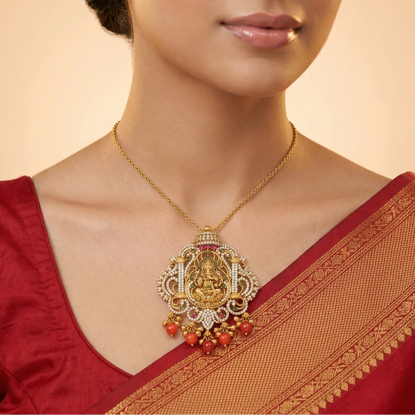 92.5 Silver Ganesha Pendant with Red Bead Drops Ivanah Silver