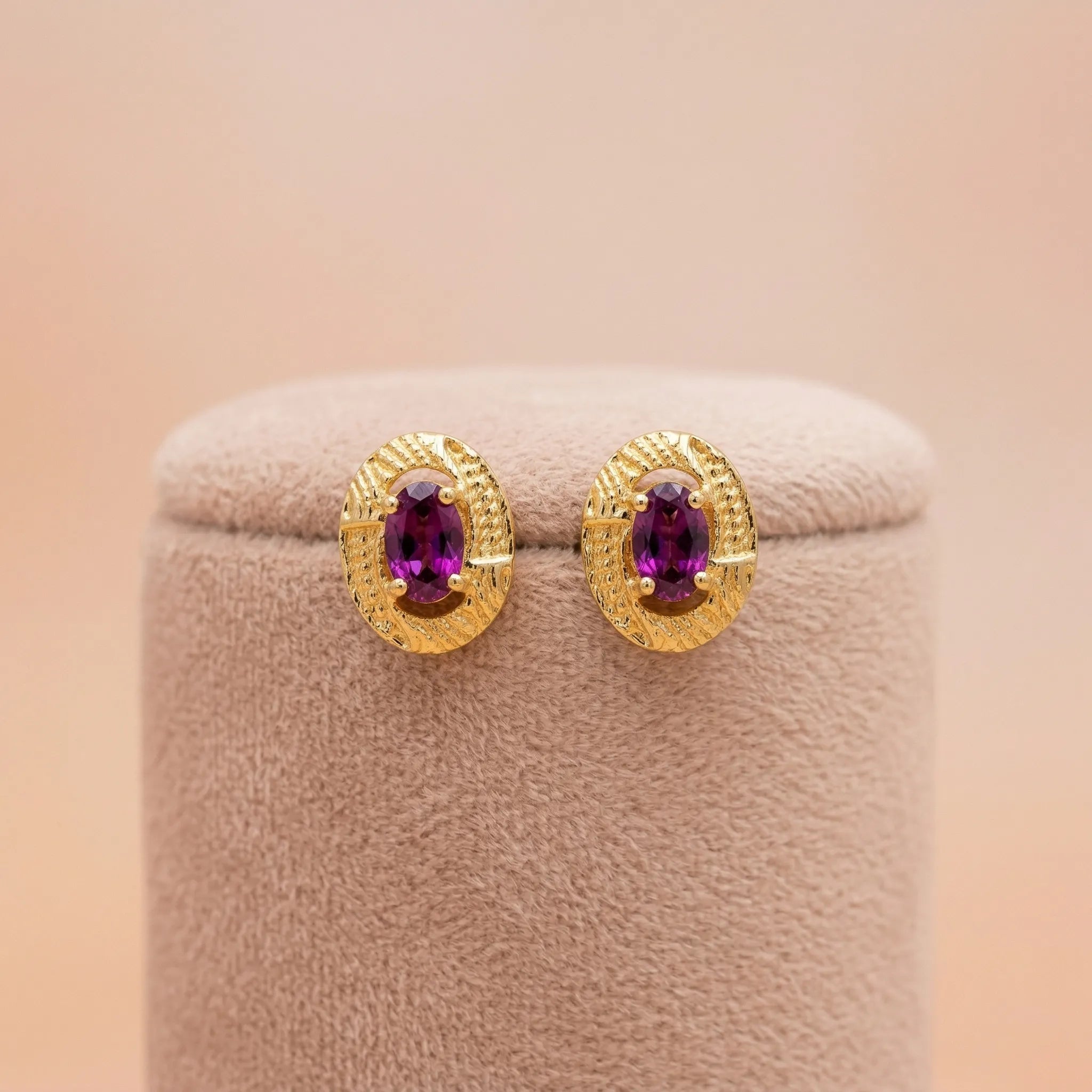 Gold-Plated 92.5 Silver Textured Purple Oval Stud Ivanah Silver
