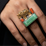 92.5  Silver Elephant Ring with Green Onyx & Coral Ivanah Silver