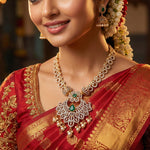 92.5 Silver Gold Plated  Floral Haram with Green Stones Ivanah Silver