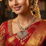 92.5 Silver Gold Plated  Floral Haram with Green Stones Ivanah Silver