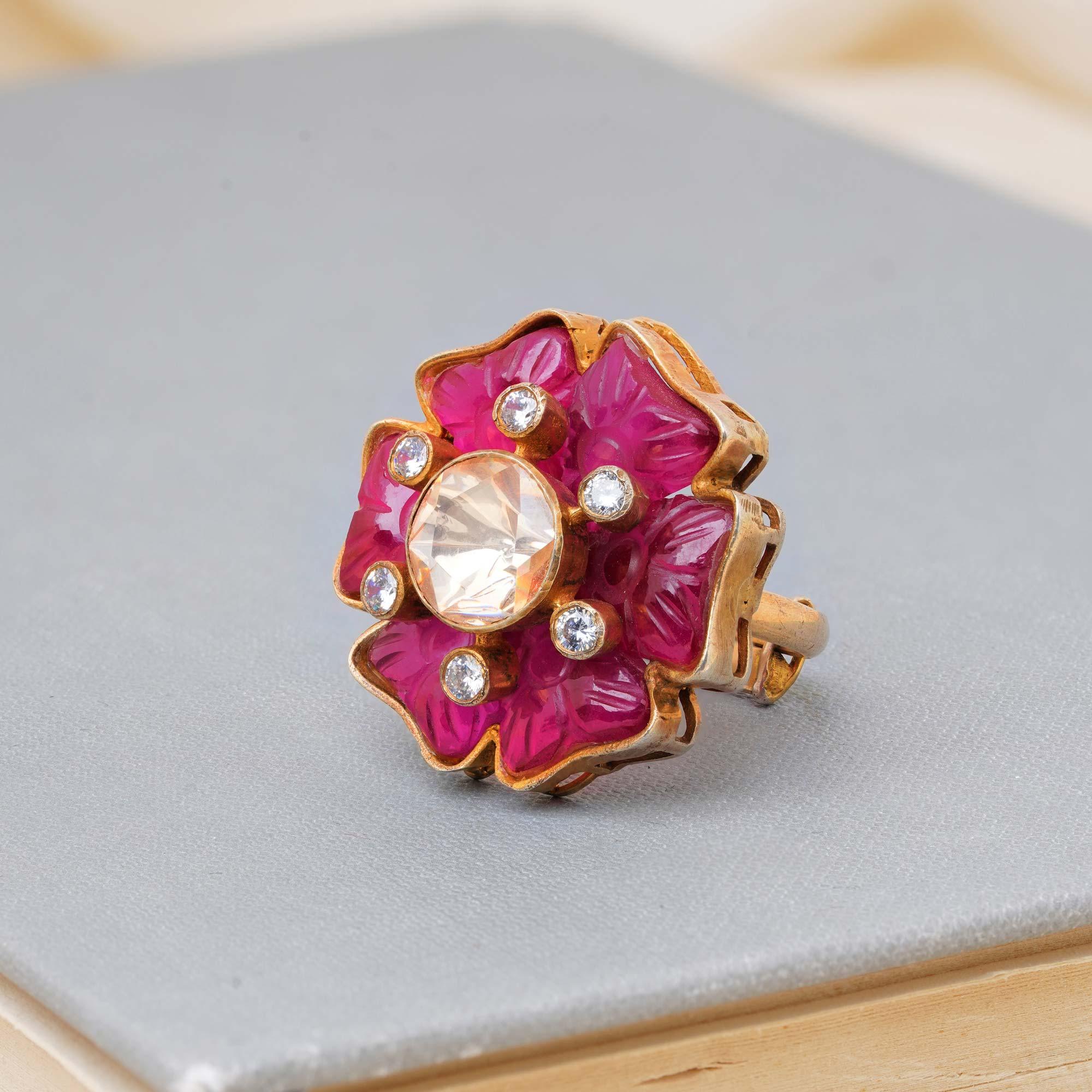 925 Silver Gold Plated Blooming Pink Folral Adjustable Ring - Ivanah Silver