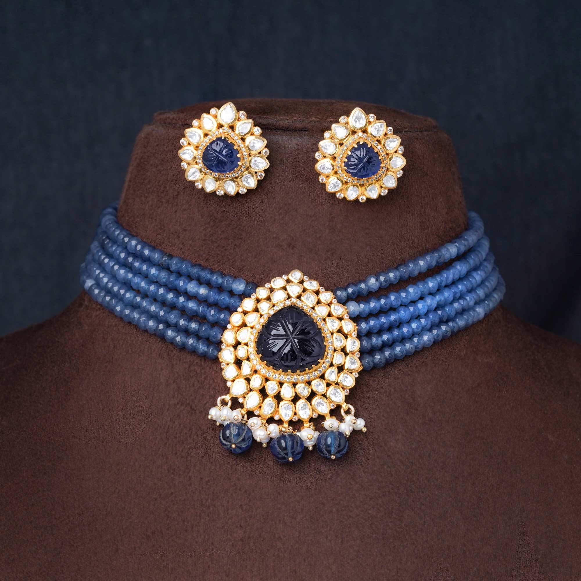 925 Silver Gold Plated Blue Moissanite Choker - Ivanah Silver