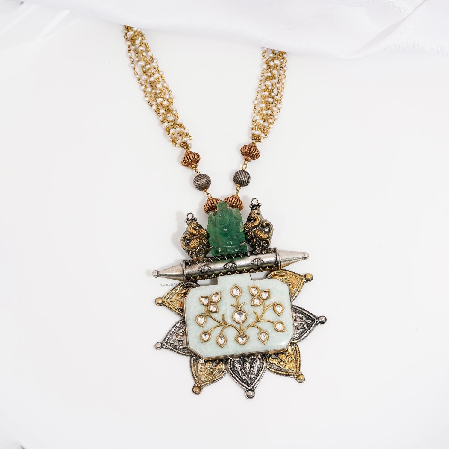 Emerald Ganesh Dual Tone Long Necklace - Ivanah Silver