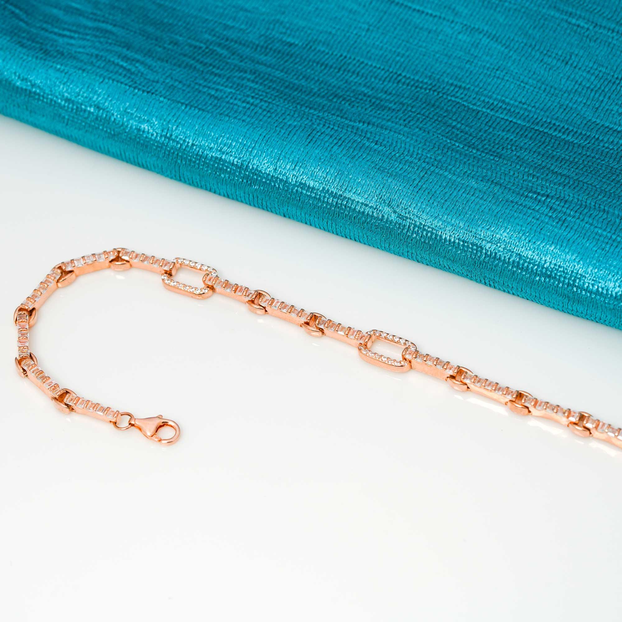 Classic Link Zircon Stoneia Rose Gold Polish-Plated 925 Silver Bracelet - Ivanah Silver
