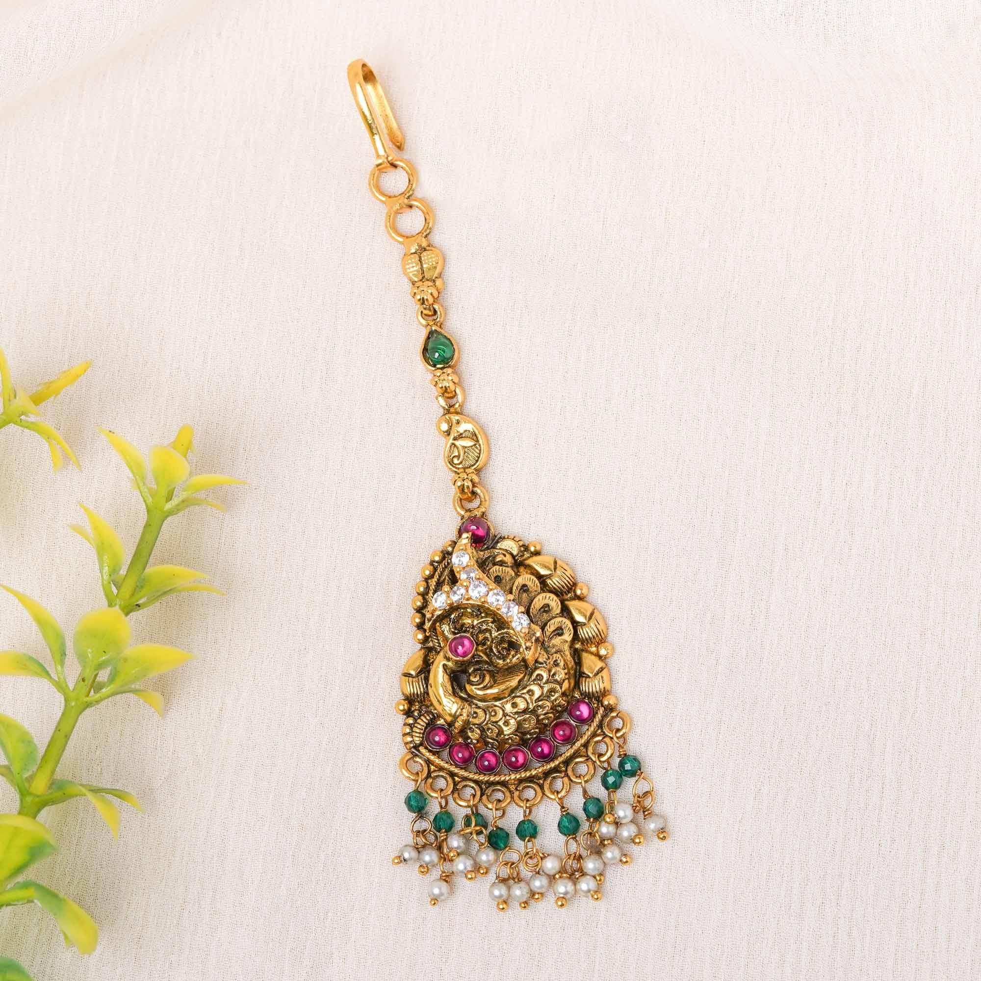 925 Silver Gold Plated Peacock Maang Tikka - Ivanah Silver