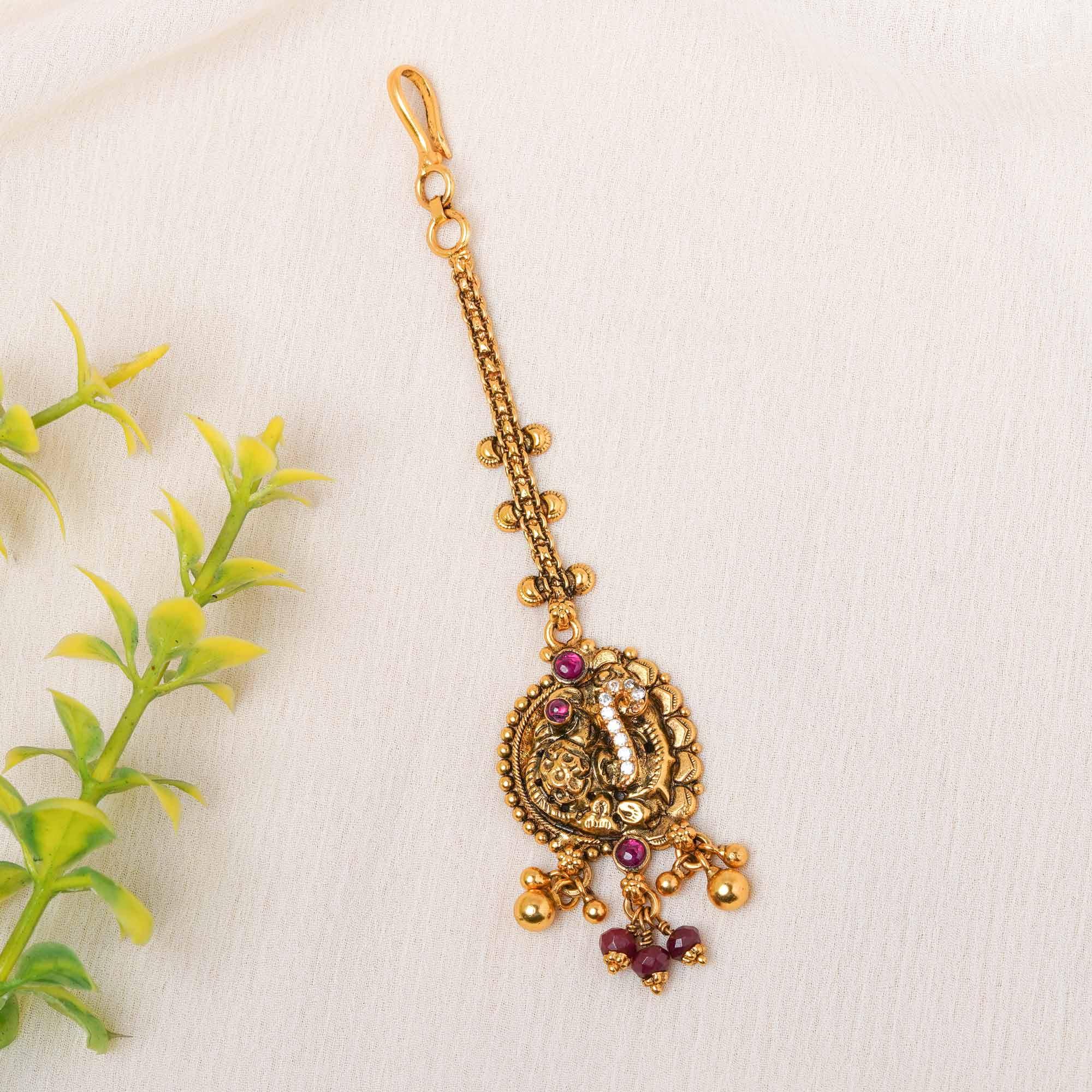 925 Silver Gold Plated Ethnic Temple Design Peacock maang tikka Tikka - Ivanah Silver